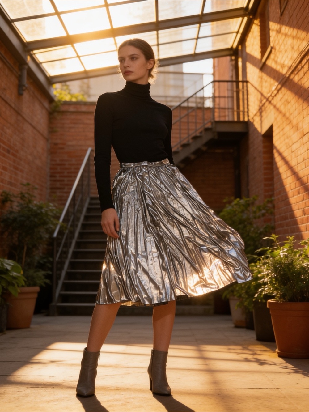 J. Robert’s | Women’s High Waisted Metallic Silver Pleated Midi Skirt | M